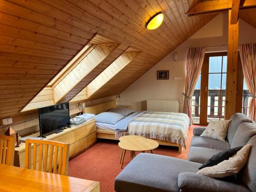 een slaapkamer met een bed, een bank en een tv bij Chalet Hřebenka in Harrachov