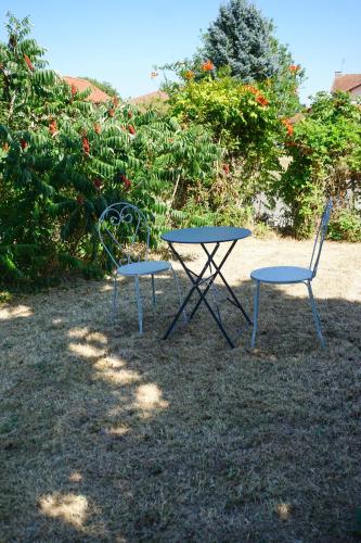 twee stoelen en een tafel in het gras bij Appartement confort tout équipé in Montrevel-en-Bresse