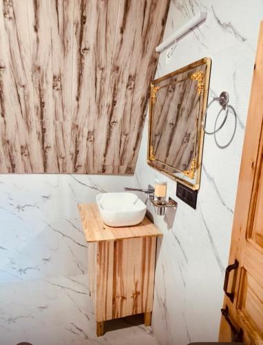 a bathroom with a sink and a mirror at The nature view A shape tree cottage in Banjār