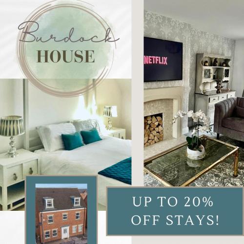 a collage of pictures of a bedroom and a house at Spacious 5-Bed Detached House, Sleeps 10, Parking in Desborough