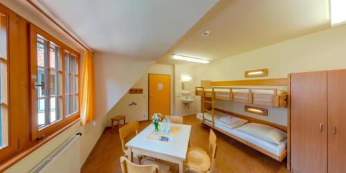 a small room with a bunk bed and a table at DJH Bautzen Gerberbastei in Bautzen