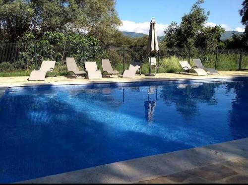 a swimming pool with lounge chairs and an umbrella at Villa T3 avec piscine in Sollacaro