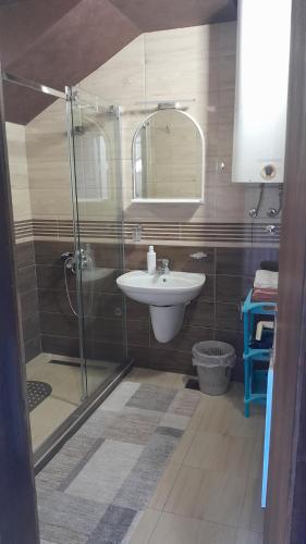 a bathroom with a glass shower and a sink at Apartmani Aleksijević Zlatibor in Zlatibor