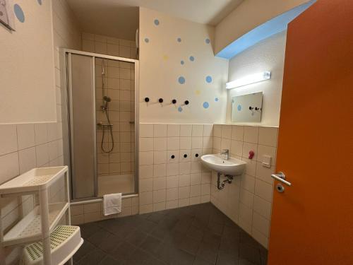 a bathroom with a shower and a sink at DJH Bautzen Gerberbastei in Bautzen