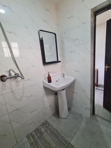 een badkamer met een witte wastafel en een spiegel bij ULOM CONDOS in Owerri