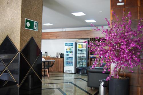 een winkel met paarse bloemen en een koelkast bij HOTEL OSCAR GOLD in Montes Claros