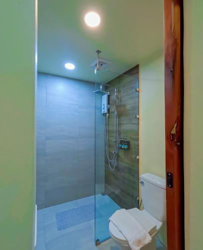 a bathroom with a glass shower with a toilet at The Cliffhouse Samboan in Samboan