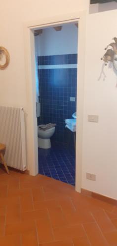 a bathroom with a toilet and a blue tile floor at Locazione da nonna Gusta in Vittorio Veneto