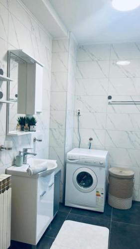 a bathroom with a washing machine and a sink at Sabina Apartmani in Tuzla