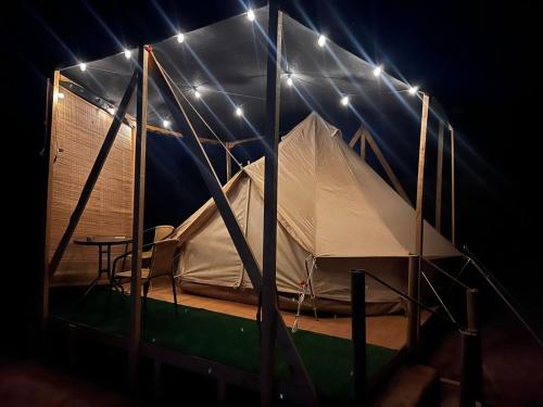 a tent is set up in a dark room with lights at Retiro Bajoestrellas in San Pedro de Atacama