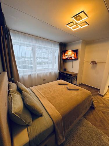een slaapkamer met een groot bed en een televisie bij Cozy Studio Apartment in Haapsalu