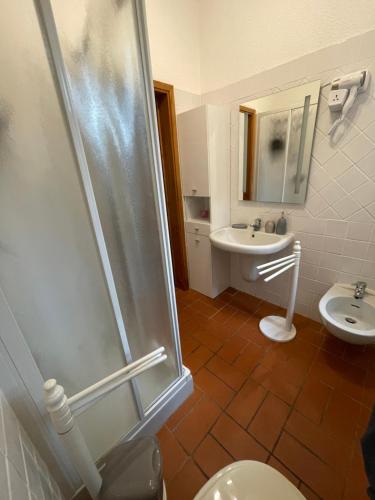 ein Badezimmer mit Dusche, Toilette und Waschbecken in der Unterkunft Le Sughere in Procchio