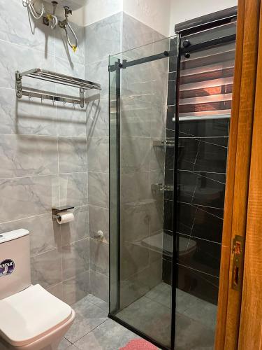 a bathroom with a glass shower with a toilet at Exotic Two bedroom apartment in Abuja