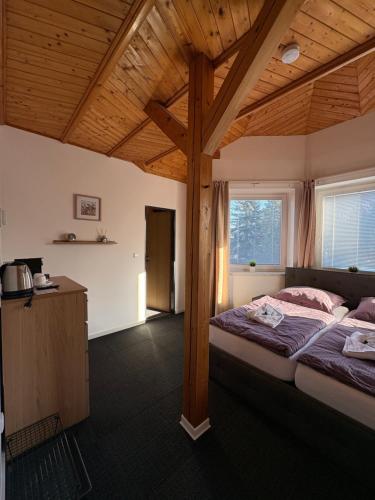 een slaapkamer met twee bedden en een houten plafond bij Dvůr Stupice 