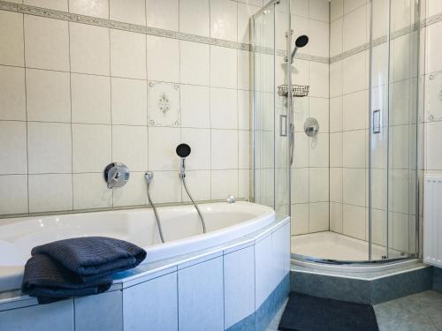 a bathroom with a bath tub and a shower at Alte Schule Rietz in Treuenbrietzen