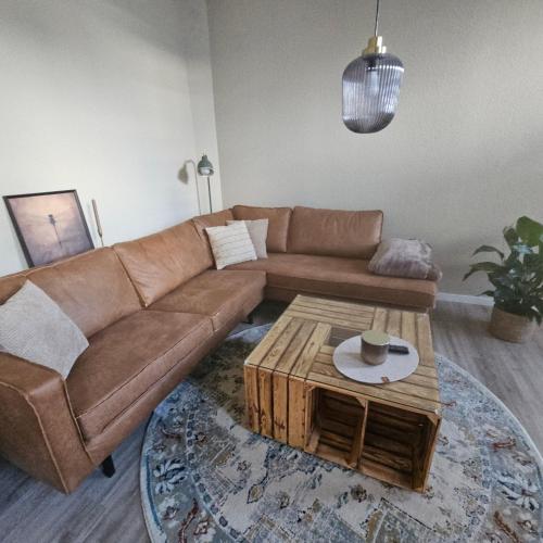 a living room with a brown couch and a coffee table at Anno 1889 in Plauen