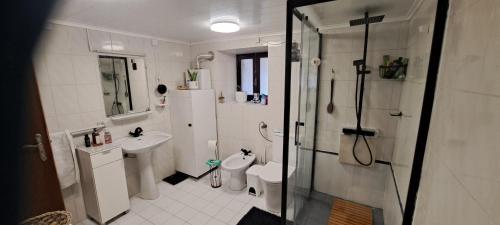 un bagno con doccia, WC e lavandino di Casa Clementina Guest house 