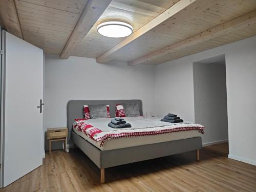 a bedroom with a bed in a white room at Frutigen 20 nach Interlaken in Frutigen