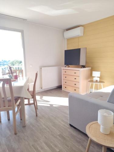 een woonkamer met een bank, een tafel en een tv bij Les Hauts de Balaruc- Idéal Curistes 102 in Balaruc-les-Bains