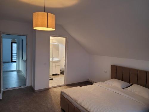 een slaapkamer met een bed en een grote spiegel bij Casa Nițică in Vaslui