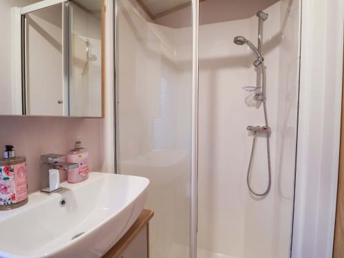 a bathroom with a shower and a sink at Paws By The Sea in Norwich