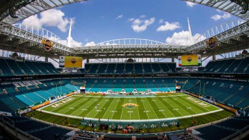 an aerial view of a football field at a stadium at Event-Ready 2BR 2BA Near Stadium & Beach includes Parking and Washer and Dryer in Hallandale Beach