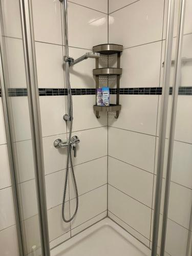 a shower with a shower head in a bathroom at Stilvolles 2-Zimmer-Apartment in Bremen in Bremen