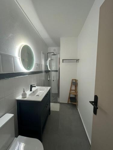 a bathroom with a sink and a toilet and a shower at Appartement l'écrin in Saint-Claude