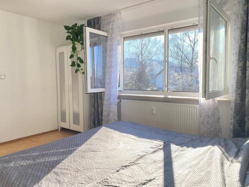 a bedroom with a bed and two windows at Gemütliche Wohnung mit Berg- und Waldblick in Balingen