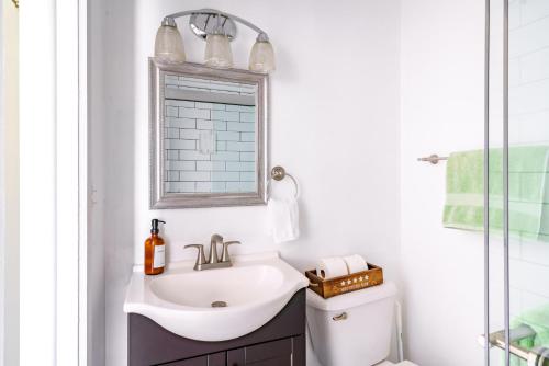 een badkamer met een wastafel en een spiegel bij Jungle House Columbus Short North Downtown Free Parking - Steps to Convention Center & Nationwide Arena - 1BR Luxury Home - Sleeps 6 - Over 5,800 Five Star Stays in Columbus