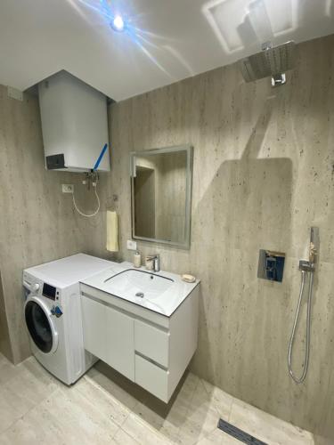 a bathroom with a washing machine and a sink at Vila Përmbi Tepelenë in Tepelenë