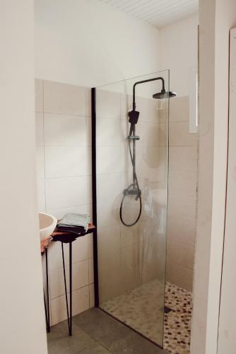 a shower with a glass door in a bathroom at Villa Massy in Rivière-Salée