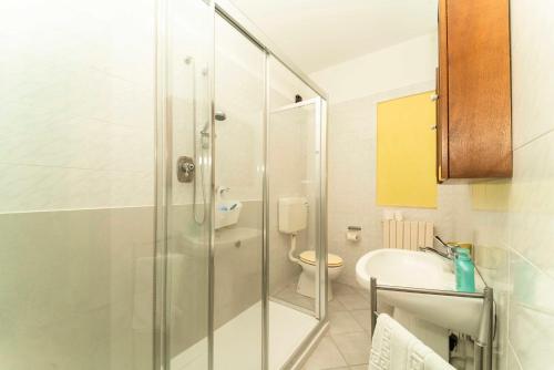 a bathroom with a shower and a sink and a toilet at Spighe Paglia e Girasole in Candia Canavese