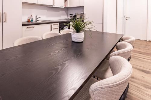 una sala da pranzo con tavolo e sedie neri di The R Apartment Farnsberg a Basilea