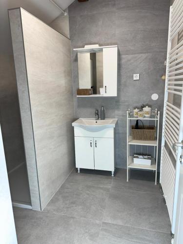 a bathroom with a white sink and a mirror at Apartments Place4you in Bjelovar