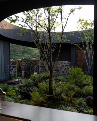 a garden with a tree in the middle of a building at 제주 감성숙소 스테이보스케 in Jeju
