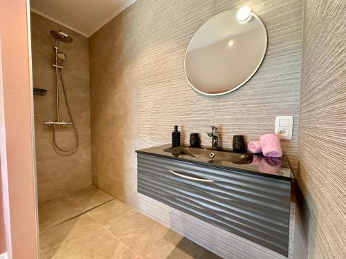 un bagno con lavandino e specchio di Le Relais de Lou maison d'hôtes 