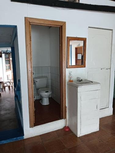 a bathroom with a toilet and a mirror at Hotel Rabin Itzam in Lanquín