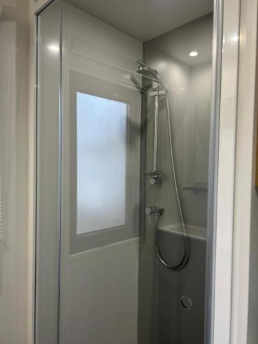 a shower with a glass door and a window at Panorama Best View in Lauwersoog