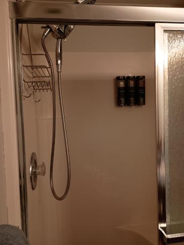 a shower with a shower head in a bathroom at Poplar Estate in Lincoln