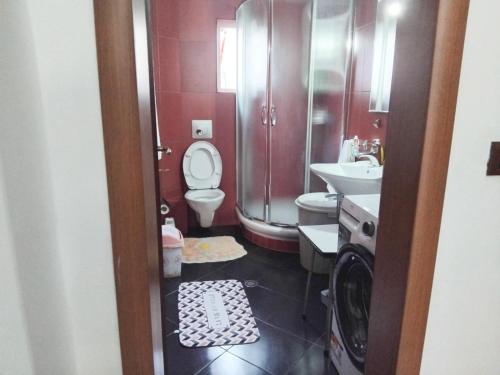 bagno con servizi igienici, lavandino e lavatrice di Blin's Apartament a Tirana
