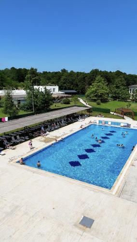 an overhead view of a large swimming pool with people in it at The Life Nest Hotel in Saray