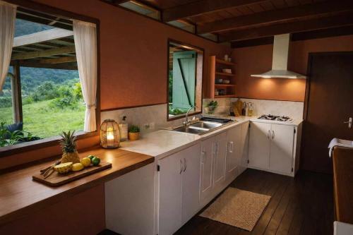 a kitchen with white cabinets and a sink and a window at Uupa Bird Cottage in Moorea