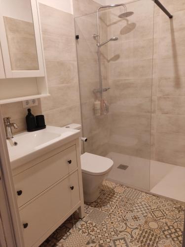 a bathroom with a shower and a toilet and a sink at La Caseta del Ter in San Juan de Mollet