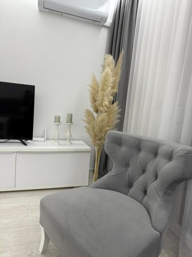 een woonkamer met een stoel en een televisie bij Apartman welsh in Bugojno