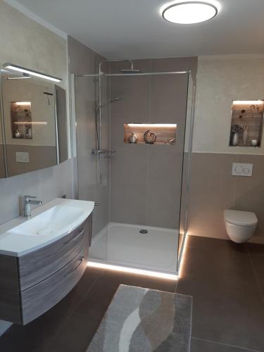een badkamer met douche, wastafel en toilet bij Ferienwohnung Schabmüller in Kelheim