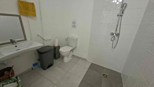 a bathroom with a shower and a toilet and a sink at Comme à la maison! Le Moule in Le Moule