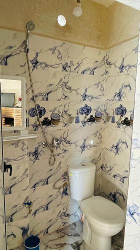 a bathroom with a toilet and a blue and white wallpaper at Adrar N Darn Guesthouse in Taroudant