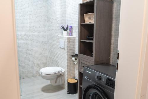 a bathroom with a toilet and a washer and dryer at Royal Blue Iasi in Iaşi