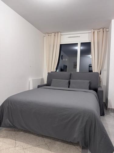 een groot bed in een witte kamer met ramen bij Studio Cosy Le Cocon au calme in Saint-Bonnet-de-Mure